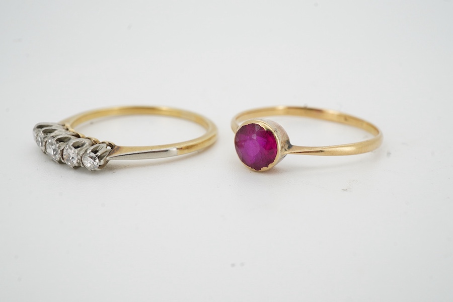 A synthetic ruby ring, mounted in gold, size R1/2; and a diamond five-stone ring totalling approximately 0.30 carats, size Q1/2, stamped 18CT